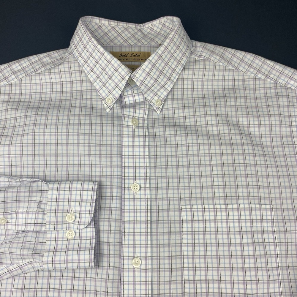 Roundtree & Yorke Gold Label Dress Shirt Mens Large Lavender/Blue Checks No Iron